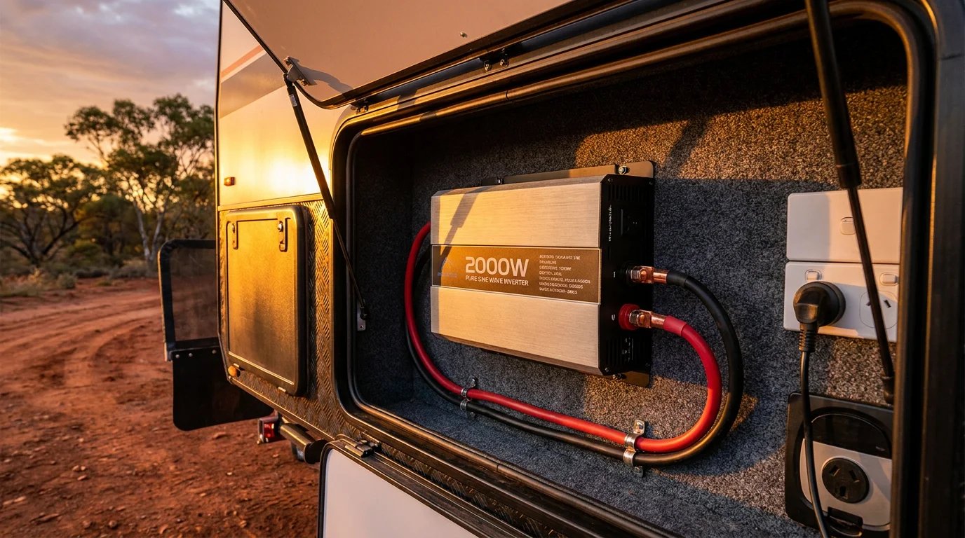 A professionally installed 2000W Pure Sine Wave inverter in a caravan locker with heavy-duty cabling and a coffee machine plugged in, set against an Australian sunset.