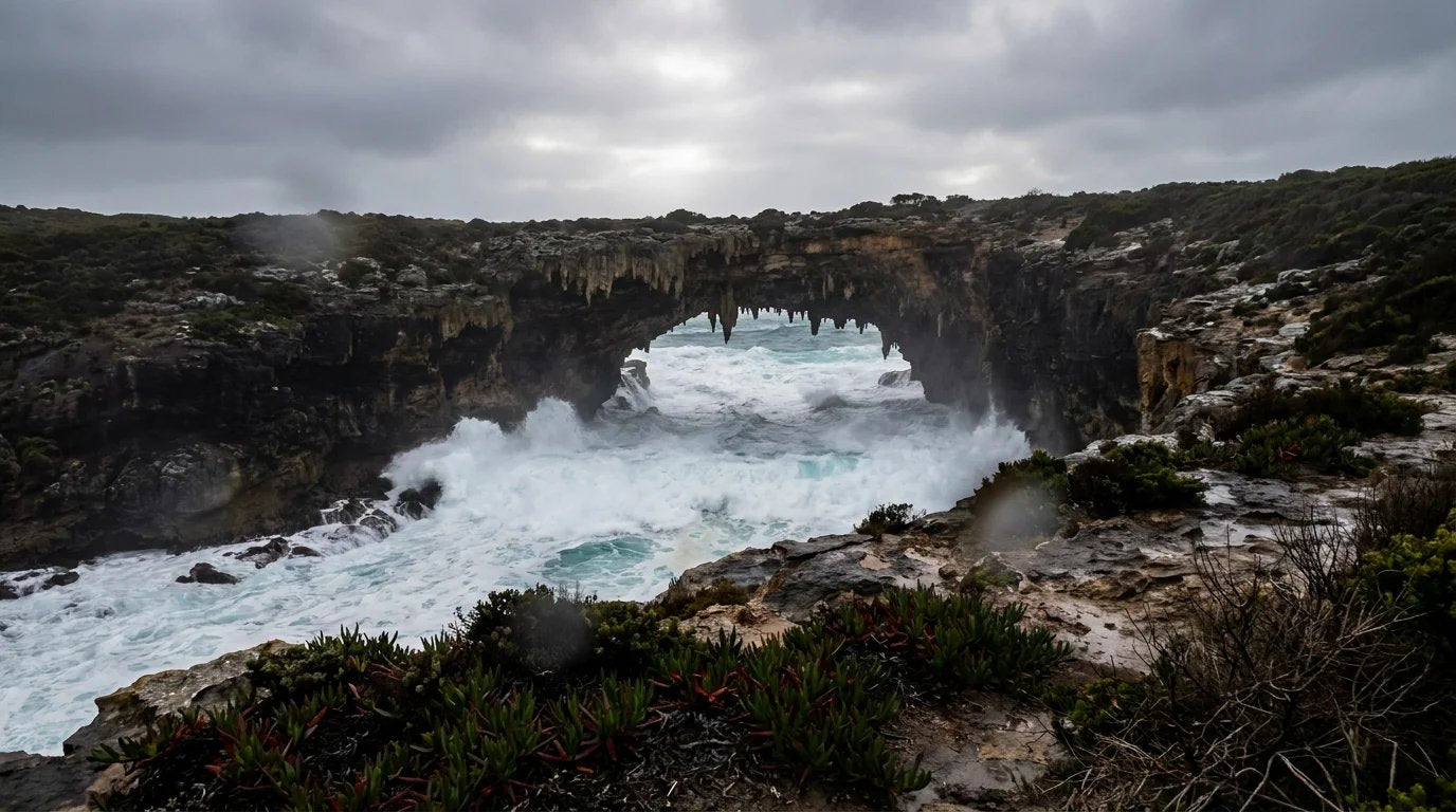 A moody winter morning at Admirals Arch on Kangaroo Island, with the Southern Ocean surging through the limestone arch and dark cliffs in the foreground.