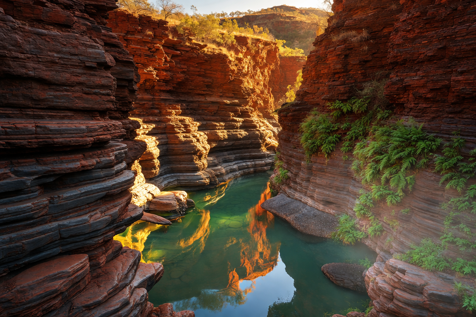 Karijini National Park gorge with red rock formations and emerald pool | Outcamp