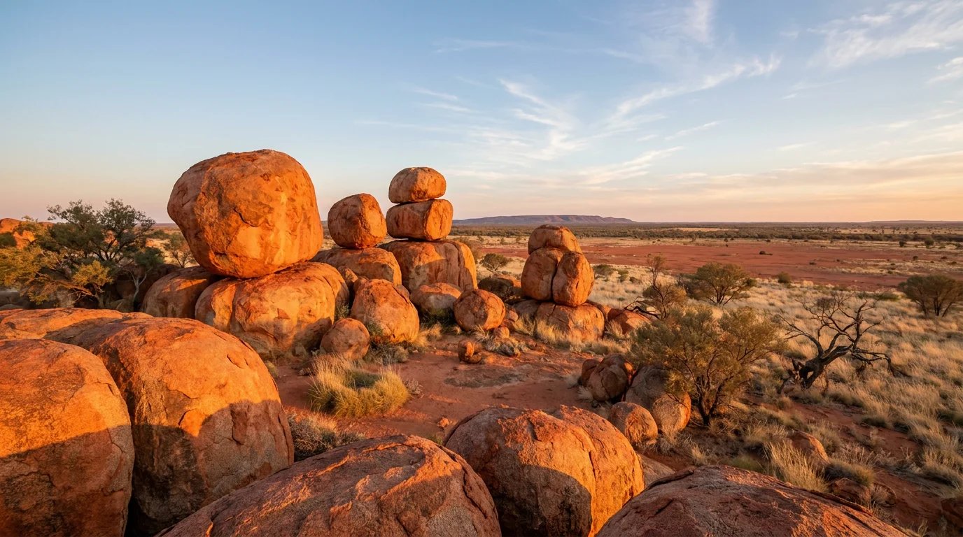 Golden-hour light on the rounded granite boulders of Karlu Karlu (Devils Marbles) balanced across spinifex plains beside the Stuart Highway in the Northern Territory of Australia