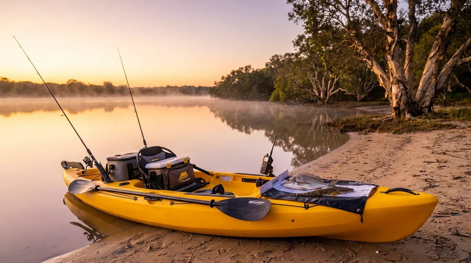 Yellow sit-on-top fishing kayak beached on a sandy Australian estuary shore at golden-hour dawn, two light spinning rods in rear holders, a bream and flathead on a wet measuring mat, paperbark trees and mist over glassy water in the background.