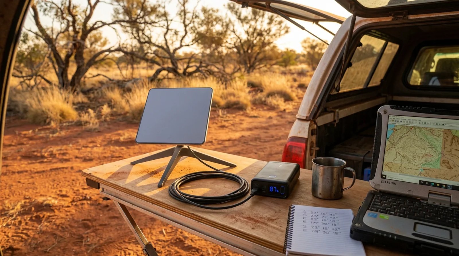 Starlink Mini powered off-grid at a remote Australian worksite at golden hour with mobile workforce gear visible