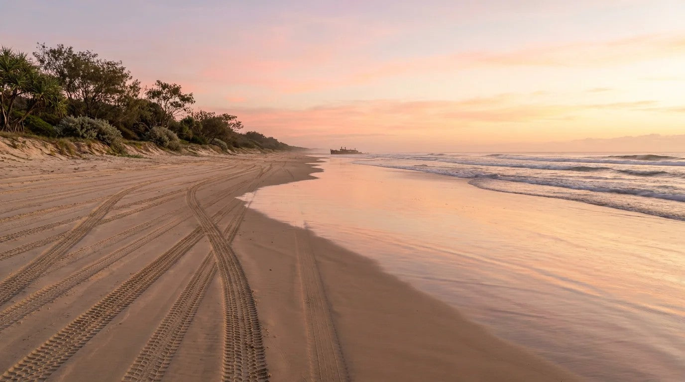 Sunrise on 75 Mile Beach K'gari Fraser Island with hard 4WD tyre tracks curving down the wet sand, banksia and pandanus dunes on the left and the distant rusted silhouette of the Maheno shipwreck on the high tide line.