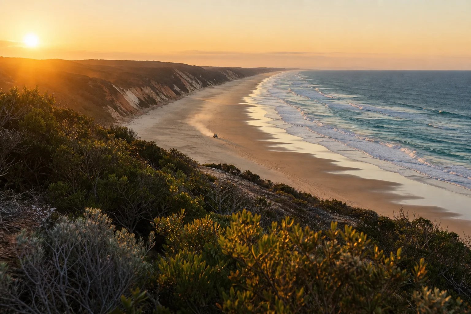 Sunrise from Indian Head on K'gari looking north along 75 Mile Beach, pale hard sand glowing gold, turquoise surf breaking on the right, coloured sand cliffs and coastal heath in the foreground with a distant four-wheel drive.