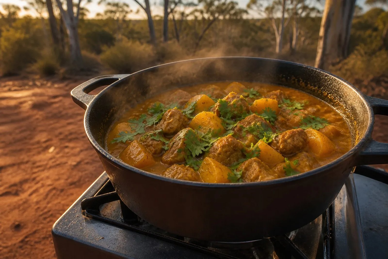 Heavy-bottomed pot of lamb and potato curry with fresh coriander simmering on a single-burner camp stove at an Australian bush campsite, red dirt and gum trees in background