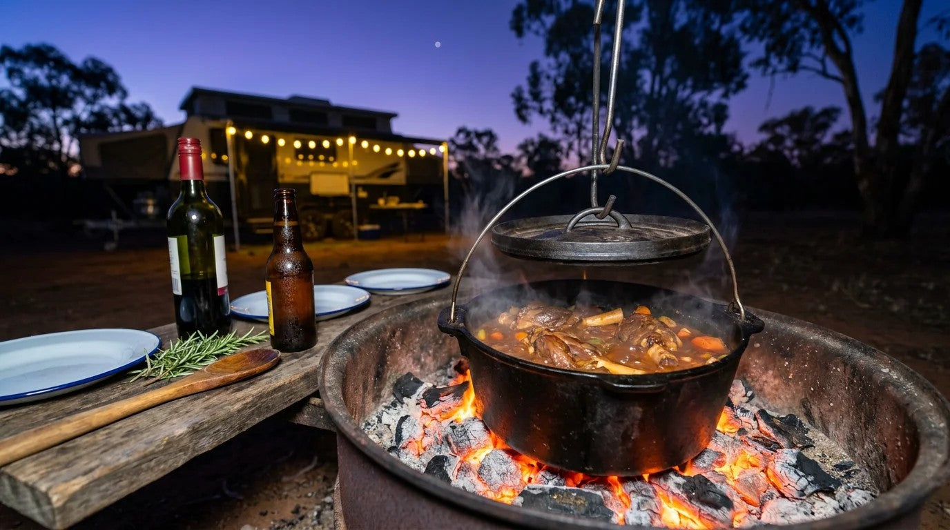 Open black cast-iron camp oven sitting in glowing wood coals in a metal fire pit, four braised lamb shanks in mahogany red wine sauce with carrots and rosemary, weathered timber board with wine, beer and enamel plates, camper trailer in twili...
