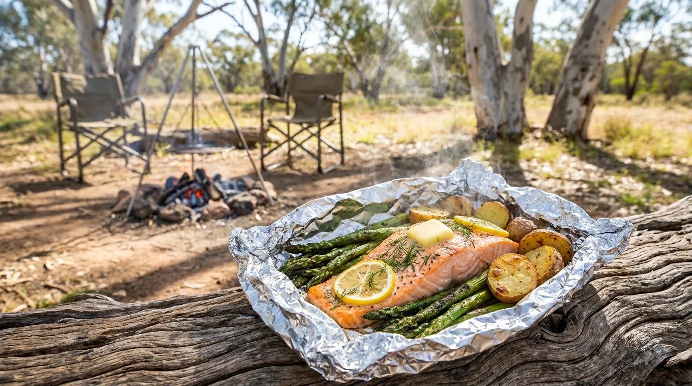 A salmon fillet with lemon and dill in an open foil parcel, served at an Australian campsite at midday.