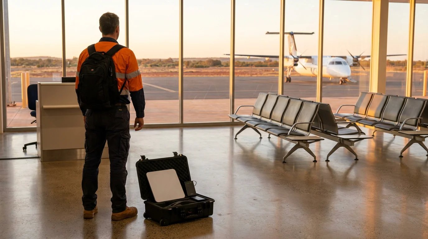 Australian FIFO tradie in hi-vis stands at regional airport dawn gate looking out at white twin-prop aircraft on red-dirt tarmac, open hard-shell carry-on at his feet holds slim white Starlink Mini panel and small black 99Wh LinkPower 2 porta...