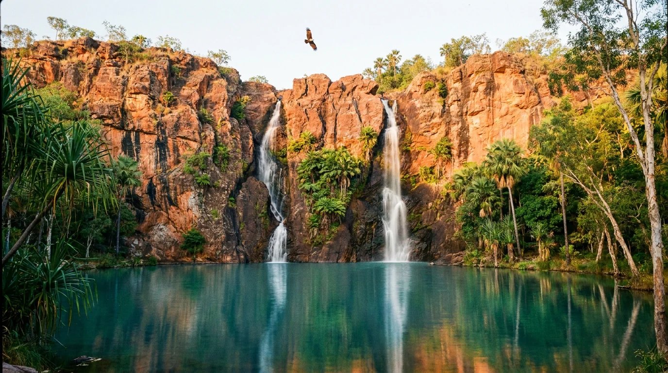 Twin parallel waterfalls plunging down a tall red sandstone escarpment into a calm turquoise plunge pool fringed by pandanus and Carpentaria palms at Wangi Falls Litchfield National Park Northern Territory in golden-hour dry-season light.