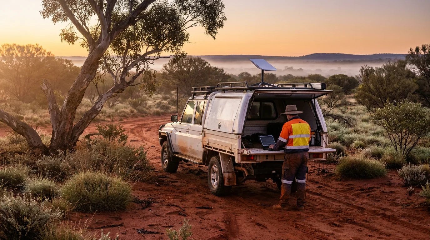 Solo worker in high-vis workwear using a tablet beside a 4WD ute with a Starlink Mini mounted on the roof in the Australian outback at dawn.