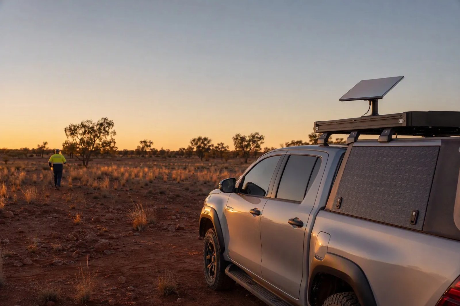 A Starlink Mini dish mounted on a rugged 4WD ute at a remote Australian worksite at dawn, with a worker in high-vis in the distance.