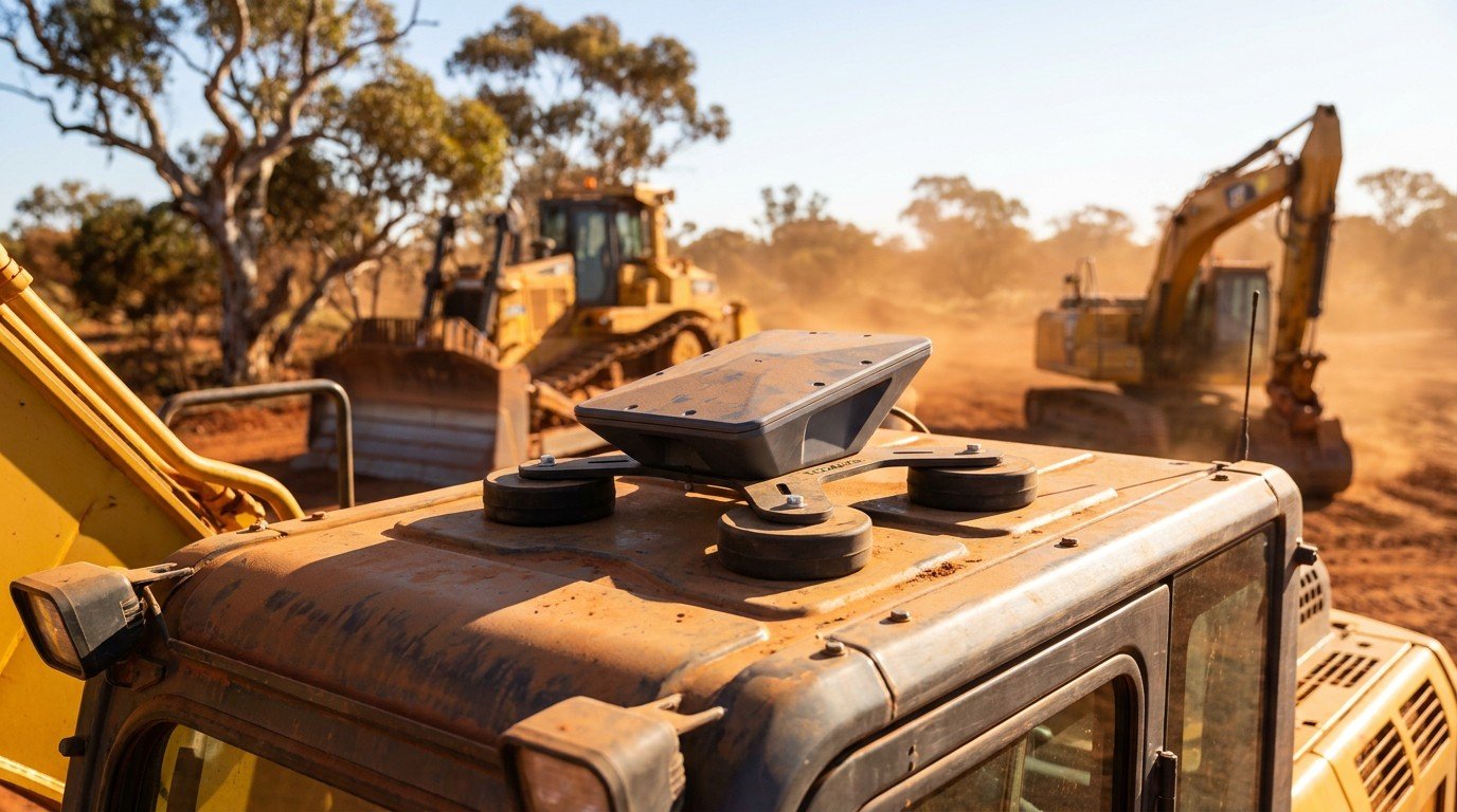 A Starlink Mini mounted with a MagLock Pro magnetic mount on the roof of a yellow excavator on a dusty Australian site