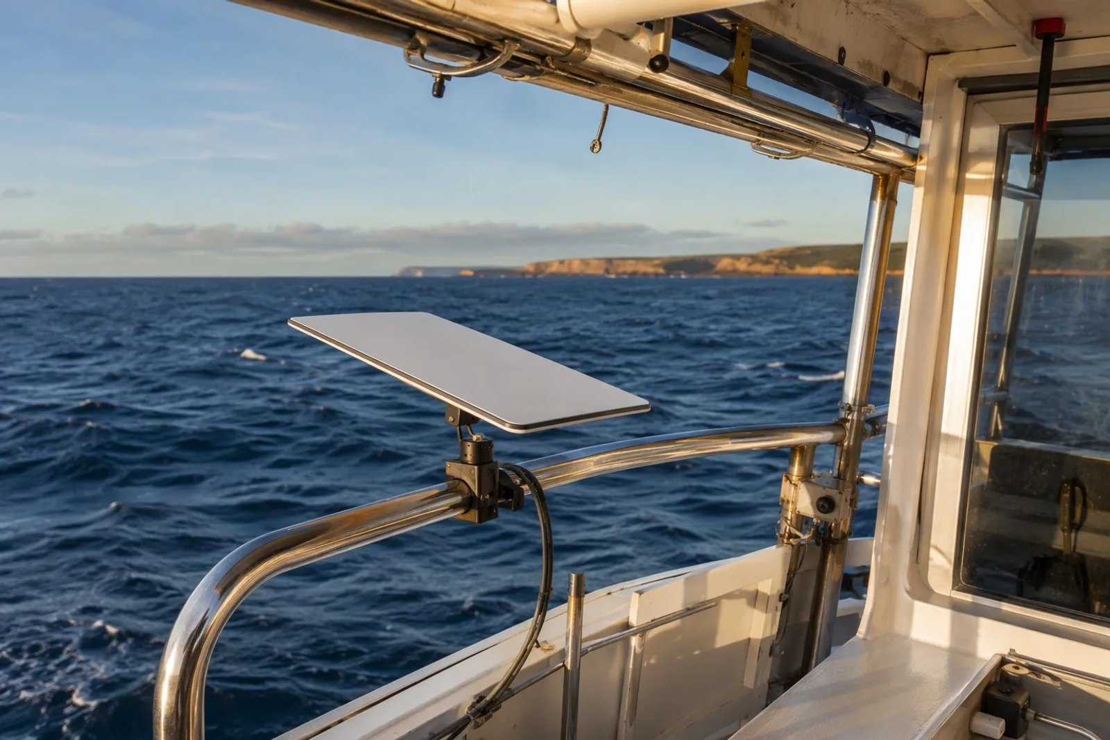 Starlink Mini neatly mounted on a stainless steel marine rail on a trawler bridge at sunset