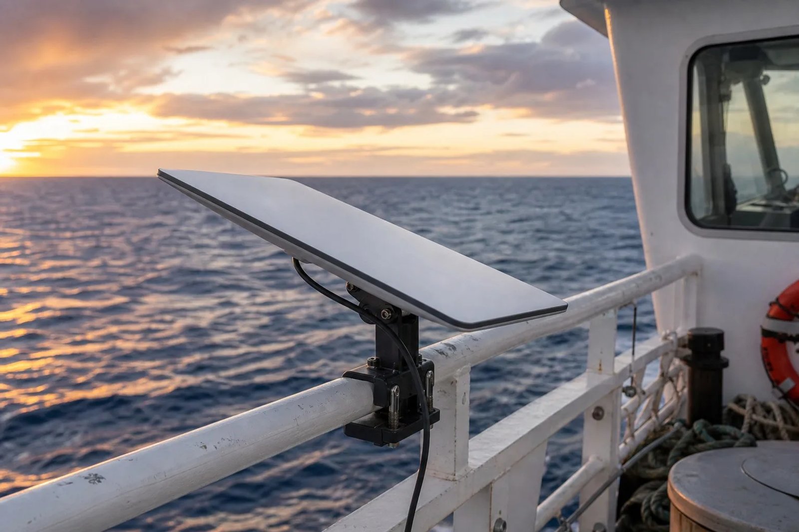 A Starlink Mini dish mounted on the wheelhouse of a commercial fishing vessel on the deep blue Australian ocean at golden hour.