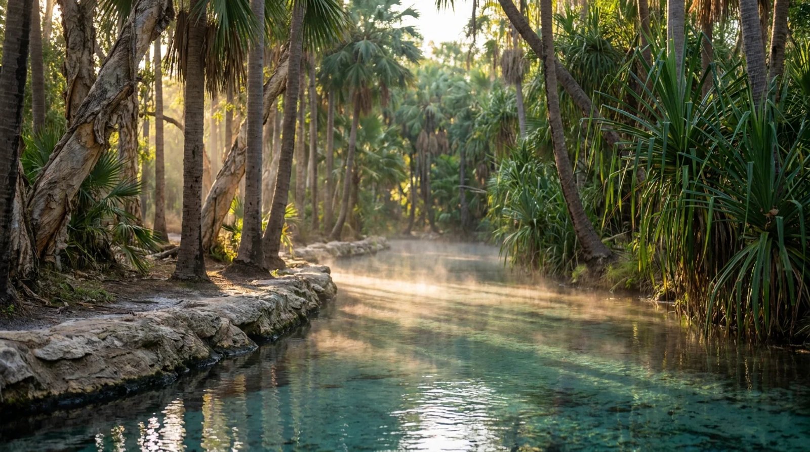 Sunrise over Bitter Springs Mataranka NT, turquoise thermal water flowing through limestone channel lined with cabbage palms and pandanus, soft mist rising off the warm spring meeting cool morning air, golden Top End dry season light.