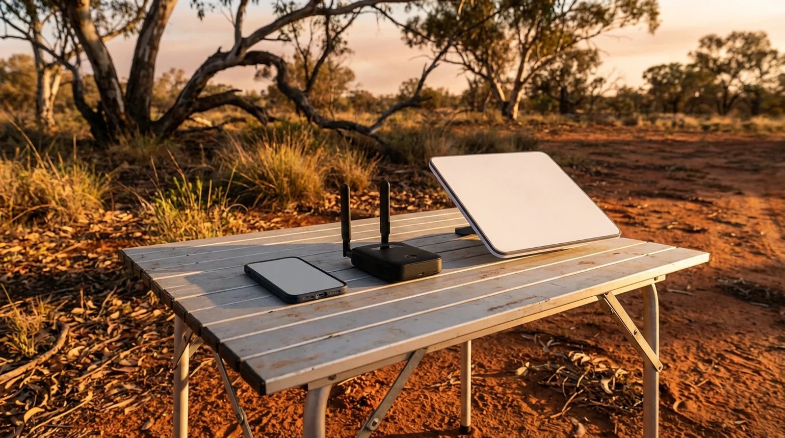 A smartphone, portable 4G modem and Starlink Mini dish arranged on a folding camp table at an outback Australian campsite at golden hour