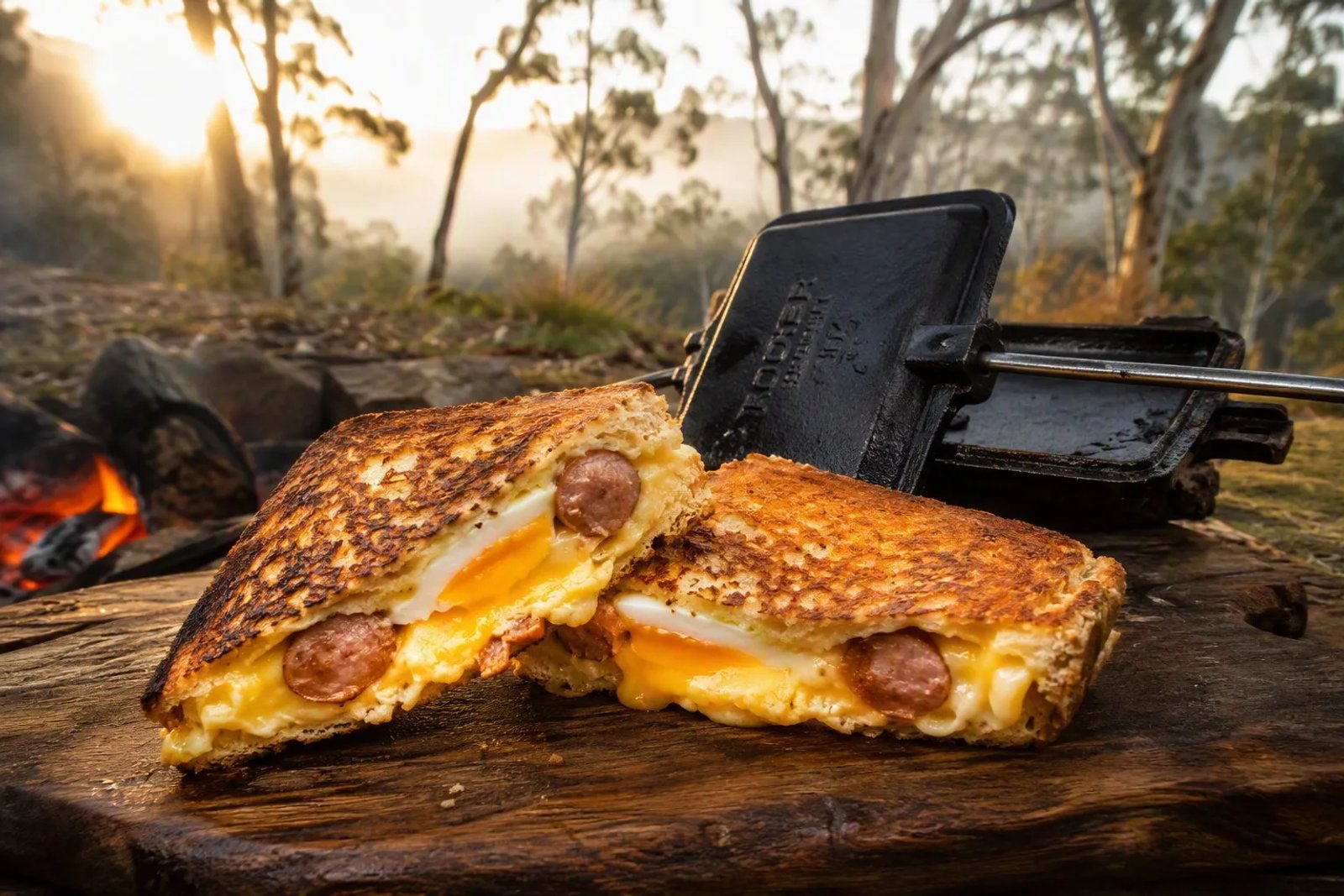 Two golden-brown, crispy campfire jaffles, one cut open to reveal a molten sausage and egg interior with melted cheese, next to a campfire.