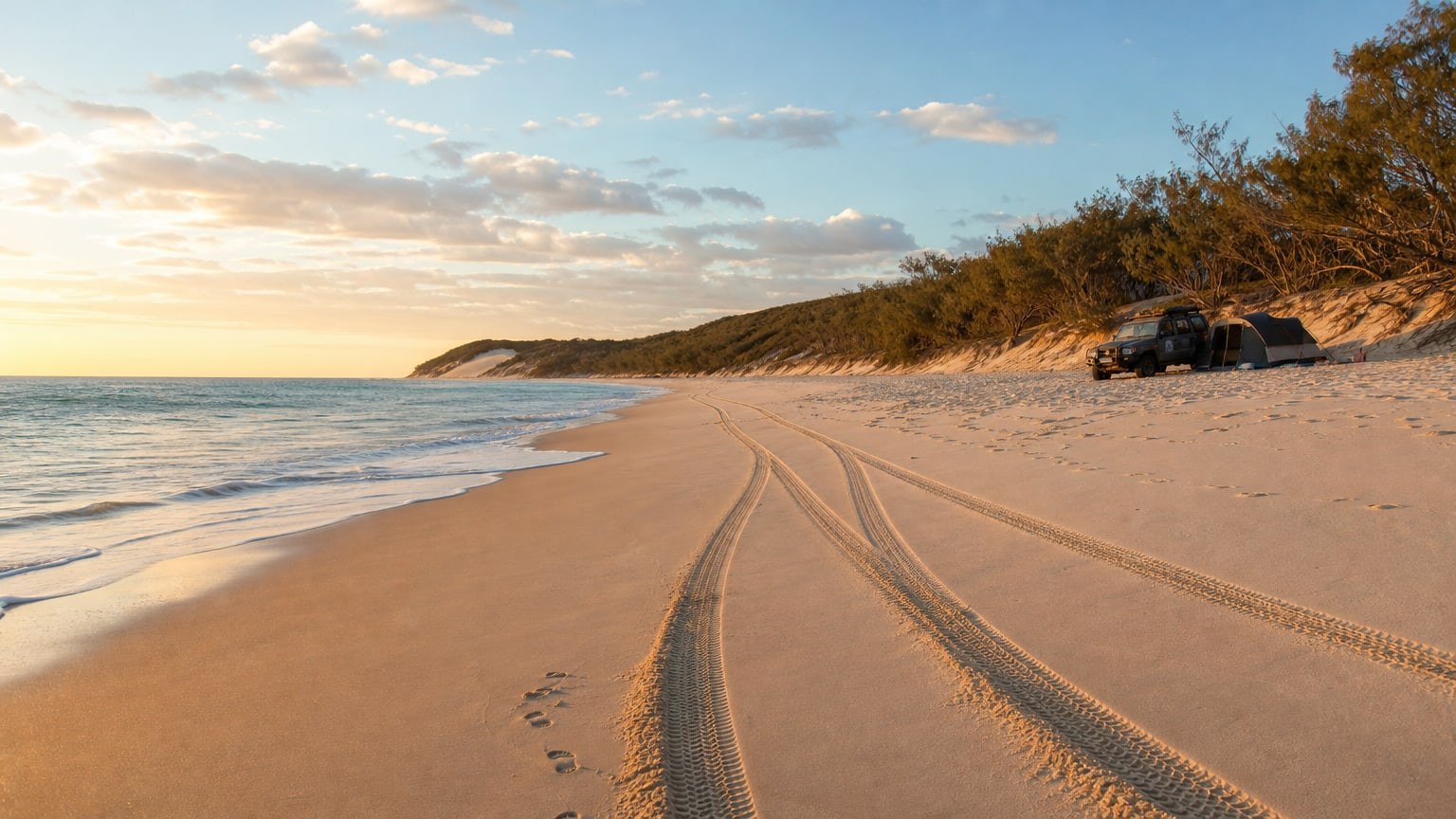 Golden-hour view along a pale silica sand beach on Mulgumpin (Moreton Island), turquoise water to the left, coastal tea-tree behind the dunes, fresh 4WD tracks curving along the wet sand and a 4WD with camper trailer parked above the tide line.