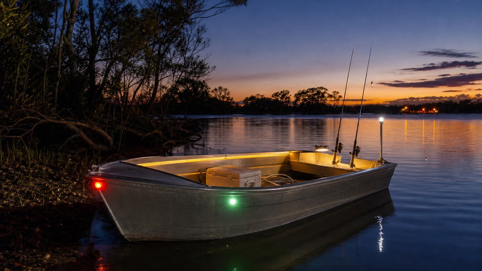 Aluminium tinny on glassy water at late dusk on an Australian estuary, red and green bow sidelights lit with a white all-round stern light, warm amber LED strip along the gunwale, two rods in stern holders, eucalypt silhouettes, distant jetty lights.