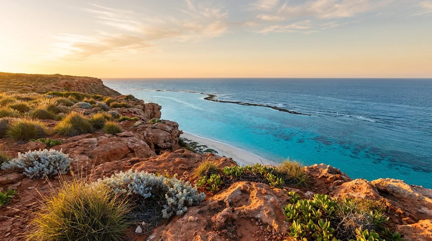 Sunrise at Turquoise Bay, Cape Range National Park, with red-ochre limestone bluffs, spinifex and saltbush in the foreground and the dark Ningaloo coral reef line visible just offshore in the turquoise lagoon.
