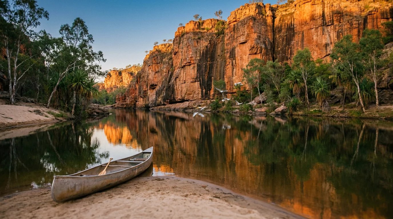 Golden hour over Nitmiluk (Katherine) Gorge with sandstone cliffs glowing orange, a still mirror-like Katherine River, an empty canoe on a sandbar and pandanus palms lining the banks.