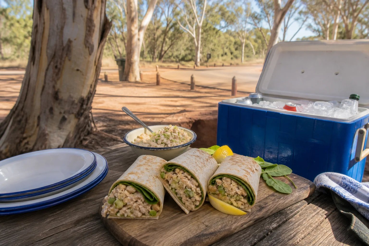 Halved tuna and chickpea salad wraps on a wooden board on a camp table under gum trees, creamy filling with chickpeas, lemon wedges and baby spinach, an open esky packed with ice beside enamel plates on red dirt in soft spring morning light.