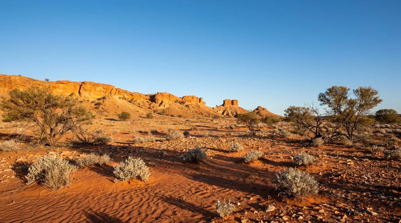 Sunset over the sandstone jump-ups in Sturt National Park, Corner Country, NSW