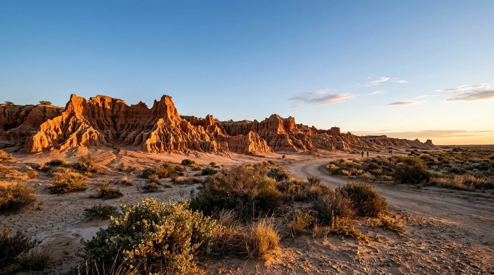 The glowing orange wind-sculpted sand and clay formations of the Walls of China in Mungo National Park at golden hour under a clear winter sky.