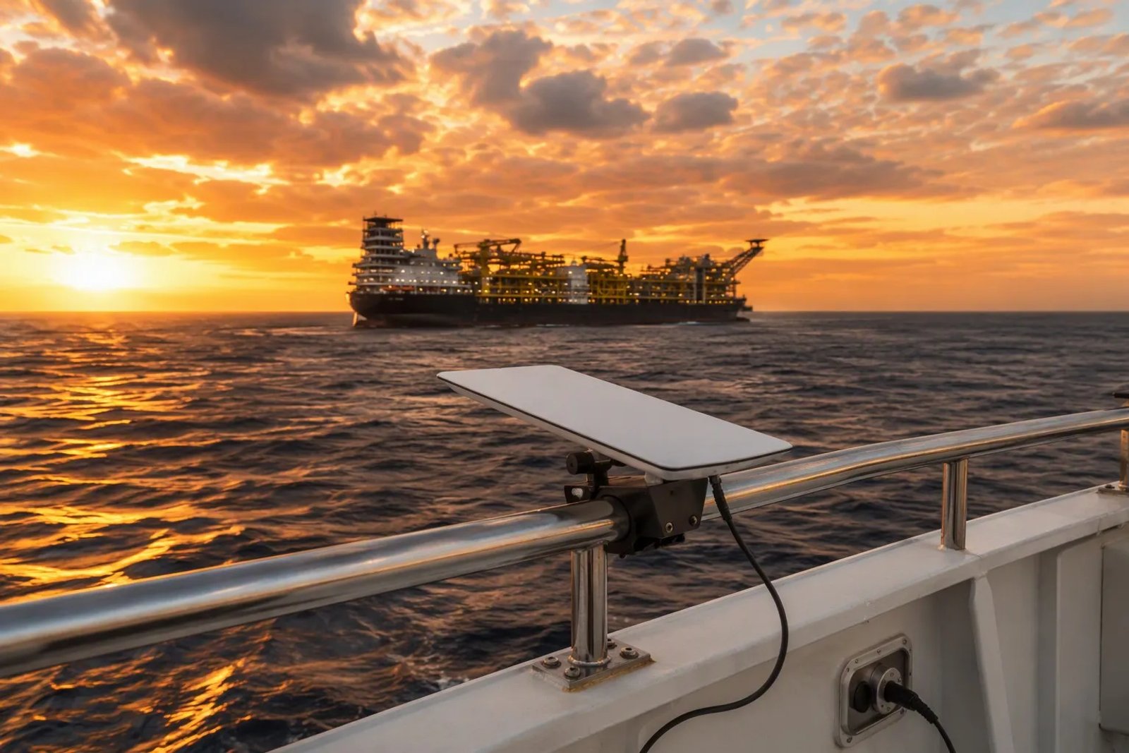 Starlink Mini neatly mounted on a stainless steel marine rail on an offshore energy vessel at sunrise