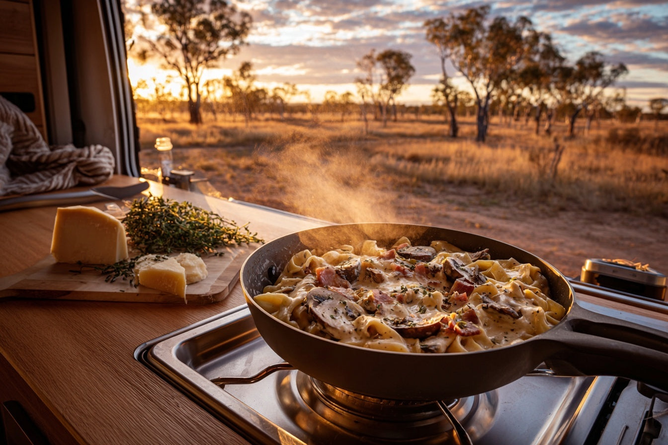 One-Pot Creamy Bacon & Mushroom Pasta on the Caravan Stove | Outcamp