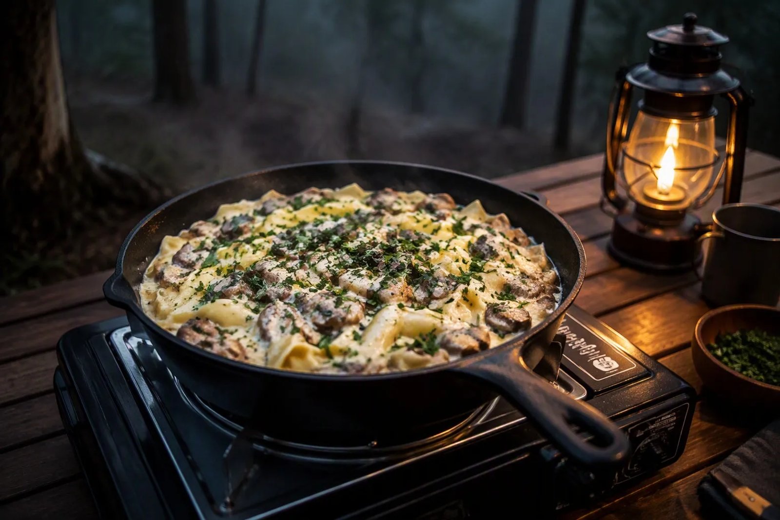 A silky one-pot creamy mushroom and chicken pasta served in an enamel bowl at an Australian campsite at dusk.