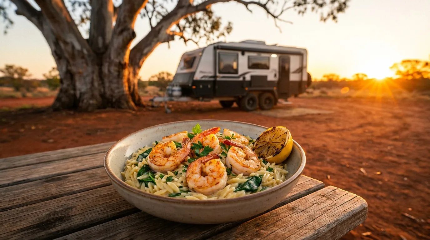 A bowl of creamy garlic prawn orzo pasta with fresh parsley and lemon, served on a rustic camp table at sunset.