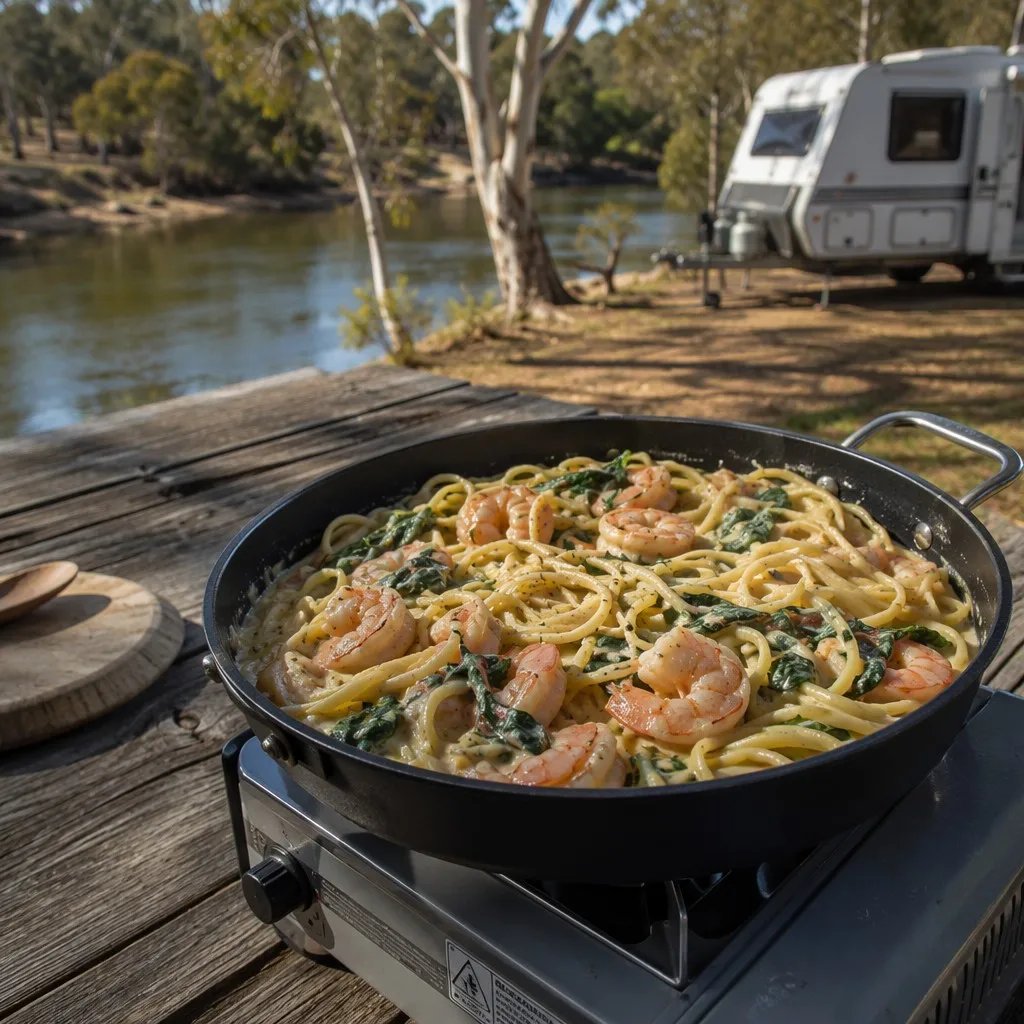 A steaming pan of one-pot creamy garlic prawn and spinach pasta on a portable camp gas stove in an Australian river setting.
