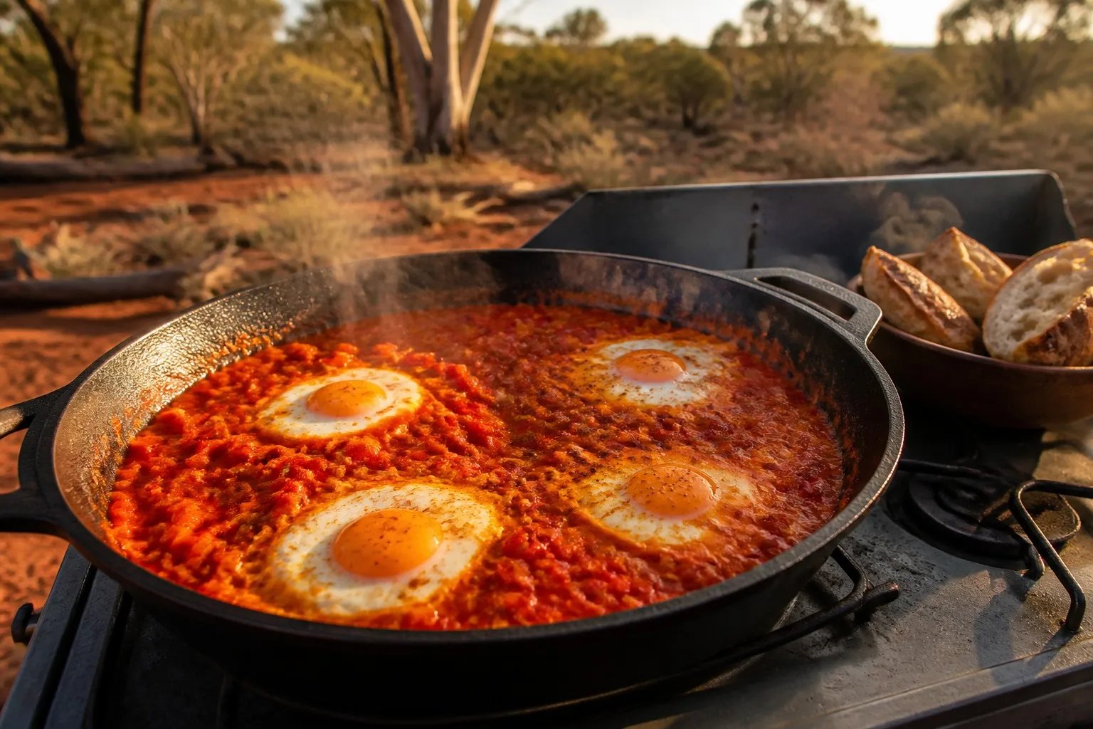One-pot shakshuka bubbling in a wide cast-iron pan on a two-burner camp gas stove at an Australian bush campsite, red tomato and capsicum sauce with four poached eggs, steam rising, crusty bread beside the pan, gum trees in golden light