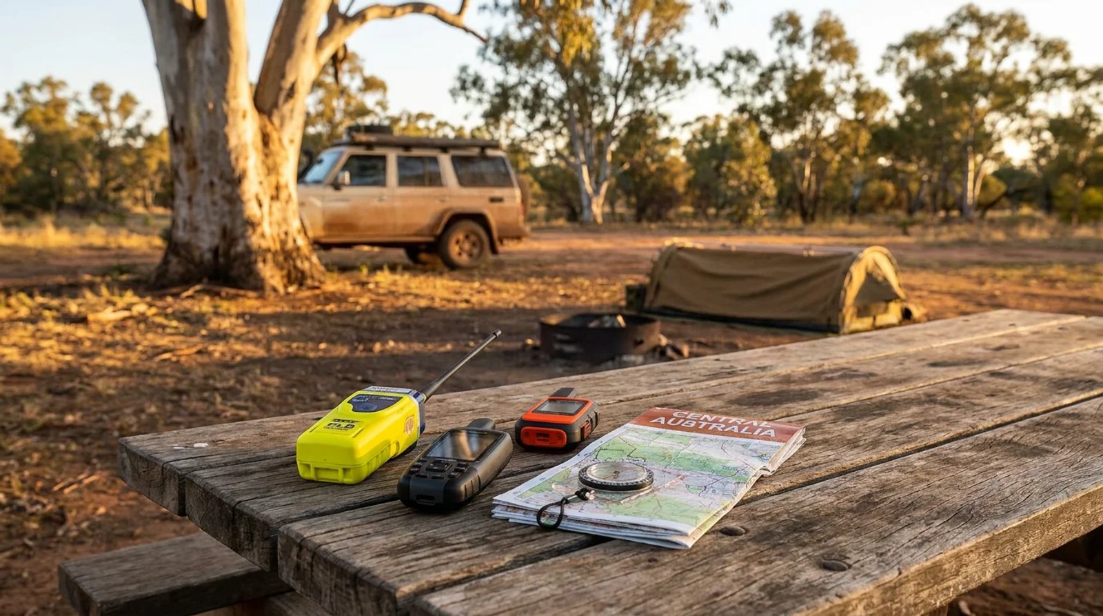 PLB EPIRB satellite messenger comparison on a camp table at golden hour