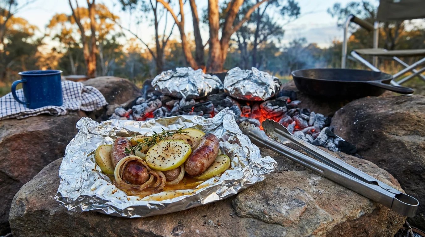 An open foil parcel resting on a flat rock beside glowing red coals, revealing browned thick pork and apple sausages, caramelised brown onion rings, translucent slices of Granny Smith apple and sprigs of fresh thyme glistening in pan juices, ...