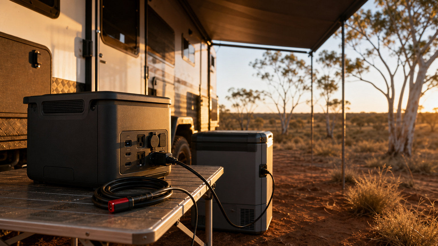 Portable lithium power station and coiled Anderson-plug cable on a camp table under a caravan awning at golden hour, with a 12V compressor fridge alongside in red dirt country