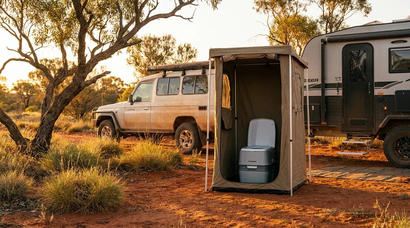 A modern portable camping toilet set up inside an ensuite tent at a remote Australian bush campsite during golden hour.