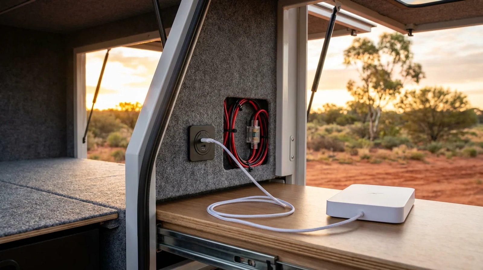 USB-C PD socket installed in a 4WD canopy with neat 12V wiring and fuse, cable running to a Starlink Mini dish on a slide-out drawer