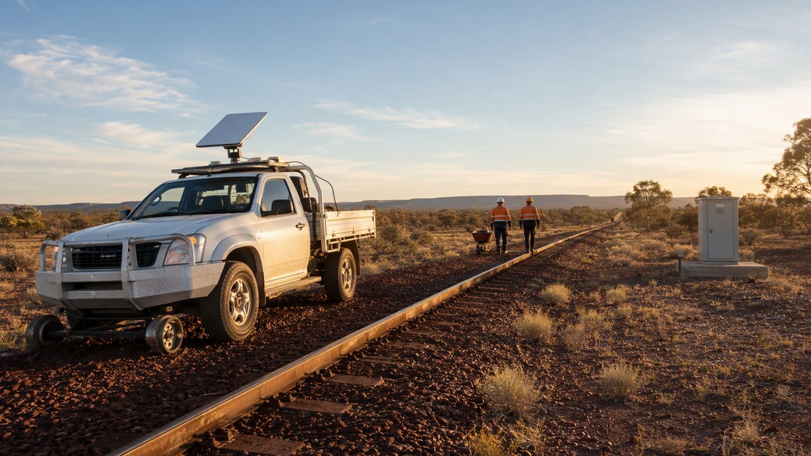 A hi-rail maintenance vehicle parked on a remote Australian rail corridor at golden hour with a compact satellite terminal mounted on its roof, steel track and red gravel ballast in the foreground.