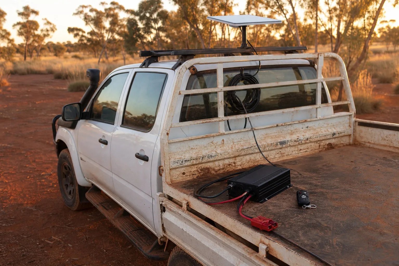White Australian dual-cab ute parked at a remote outback worksite at golden hour, Starlink Mini dish mounted on the roof rack and a black DC power converter with Anderson plug and remote key fob in the tray