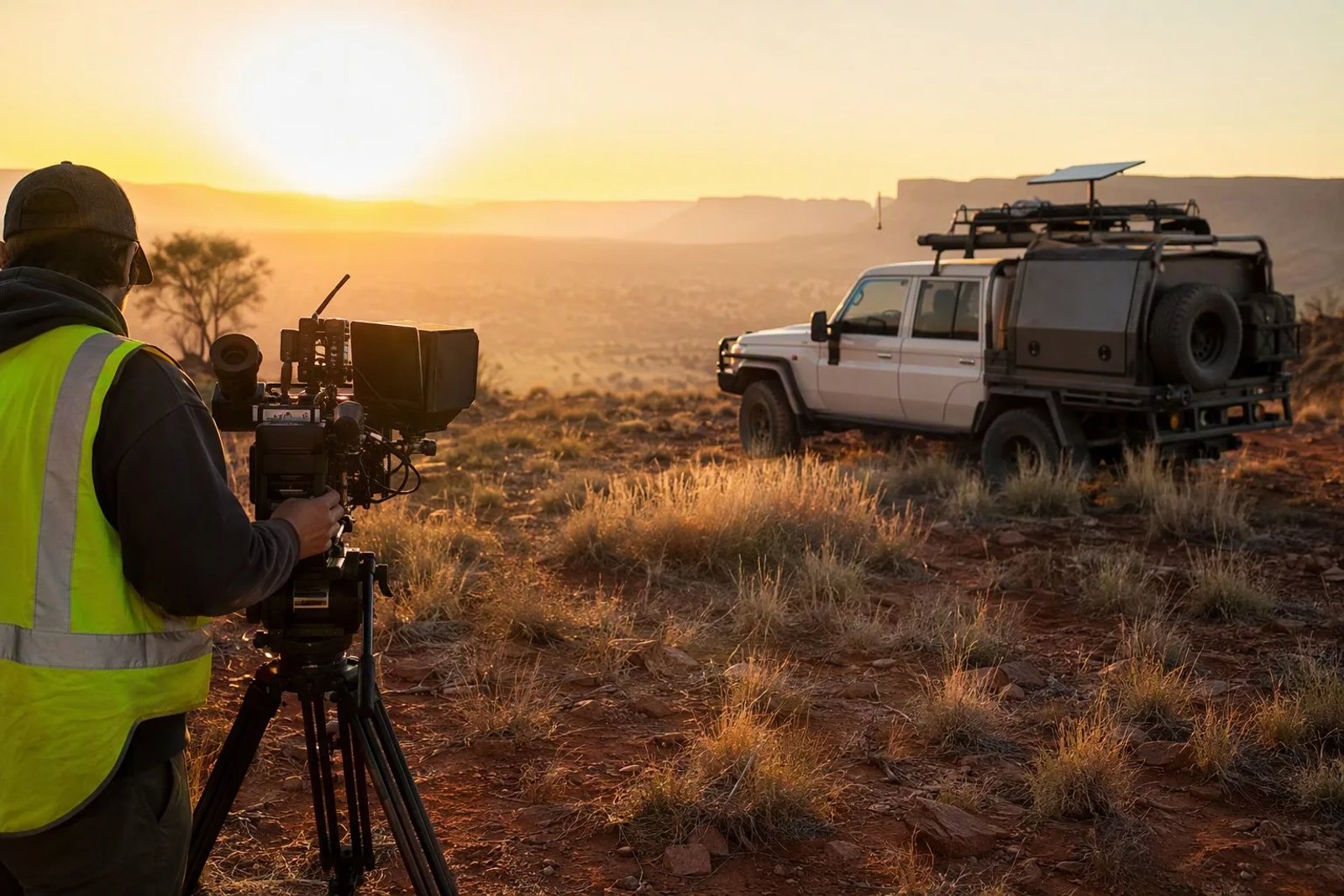 Professional cinema camera on a tripod at an Australian remote film set at sunrise with a Starlink Mini mounted on a Hilux