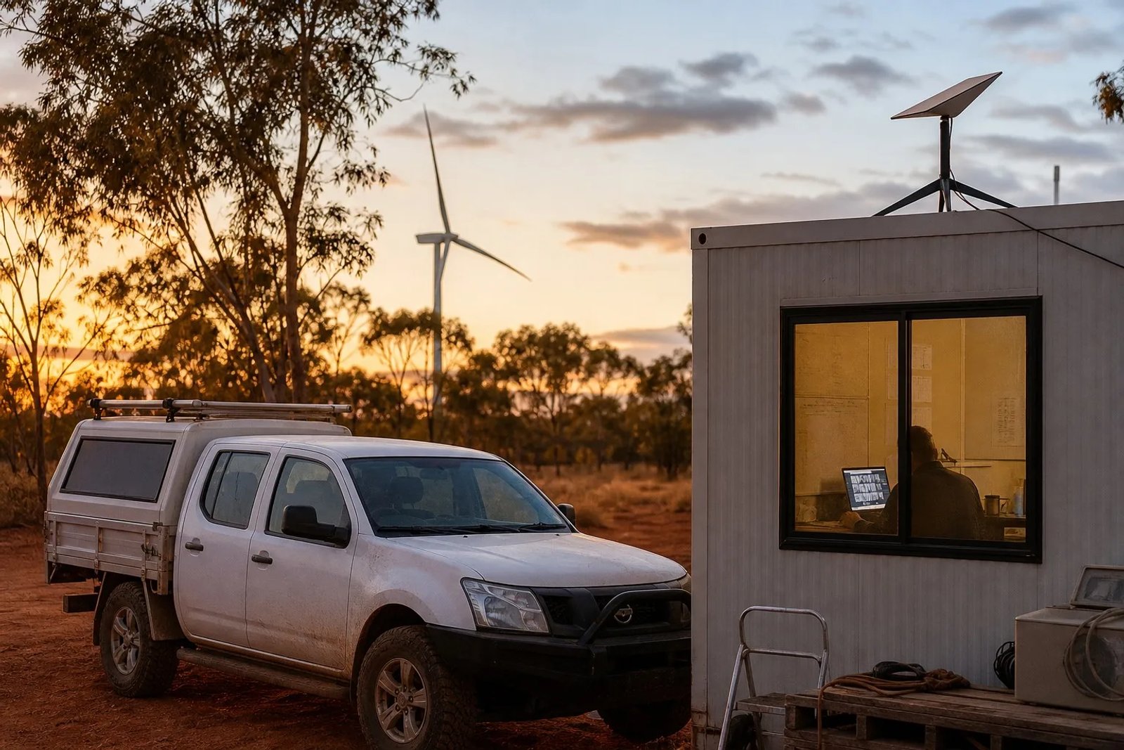 Remote worksite site office at golden hour with a Starlink Mini on a tripod on the container roof and a worker silhouette visible on a video training call inside