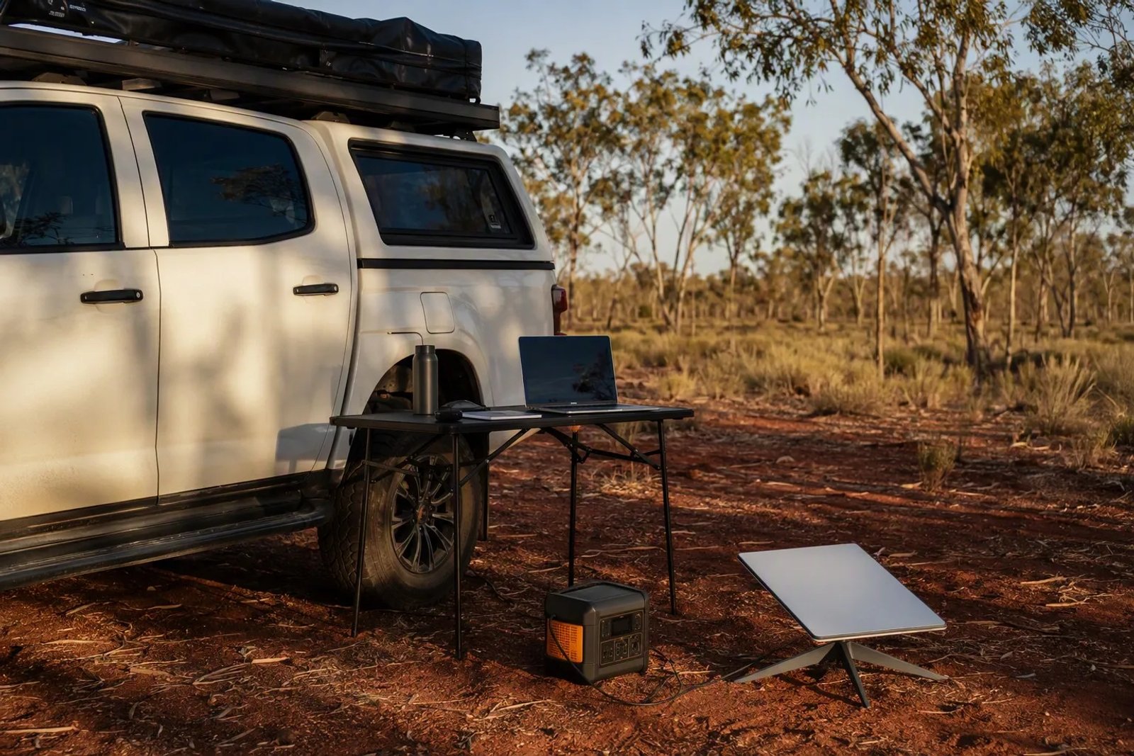 Portable remote training setup in the Australian outback with a laptop on a fold-out table, a compact Starlink Mini satellite terminal on a low tripod and a portable power pack beside a white dual-cab ute