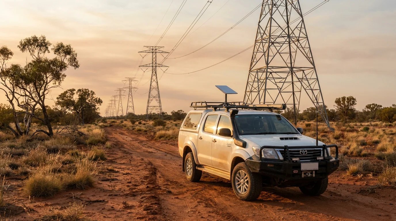 A white Toyota Hilux service ute parked on a remote dirt track alongside a high-voltage power line corridor in the Australian outback, featuring a Starlink Mini mounted to the roof rack with a magnetic mount at sunset.