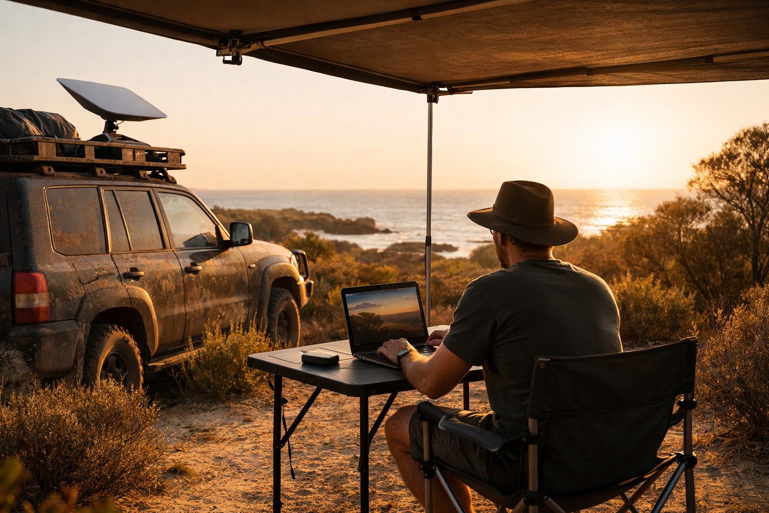 Remote worker at a coastal Australian campsite with laptop and Starlink Mini on 4WD at golden hour