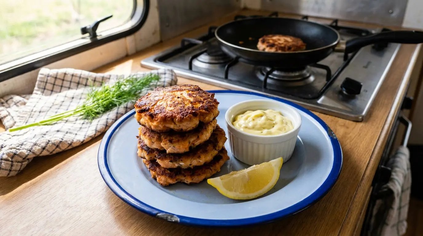 Golden pan-fried tinned-salmon rissoles stacked on a tin camping plate with lemon wedges and a small ramekin of caper mayo, caravan gas cooktop in the background