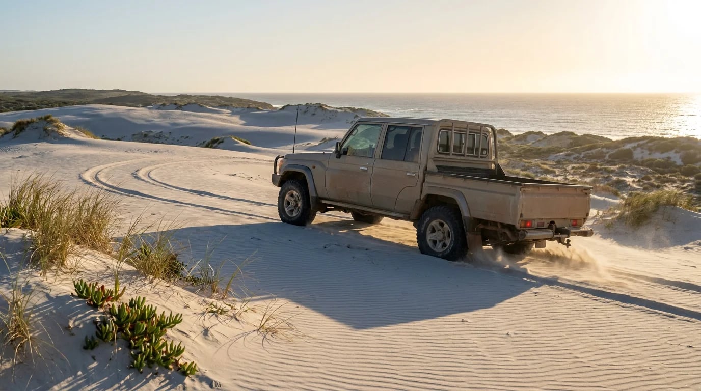 A dusty 79 Series LandCruiser dual-cab ute with deflated mud-terrain tyres cresting a soft white-sand dune at golden hour on Australia's Coorong coast, Southern Ocean glittering behind.