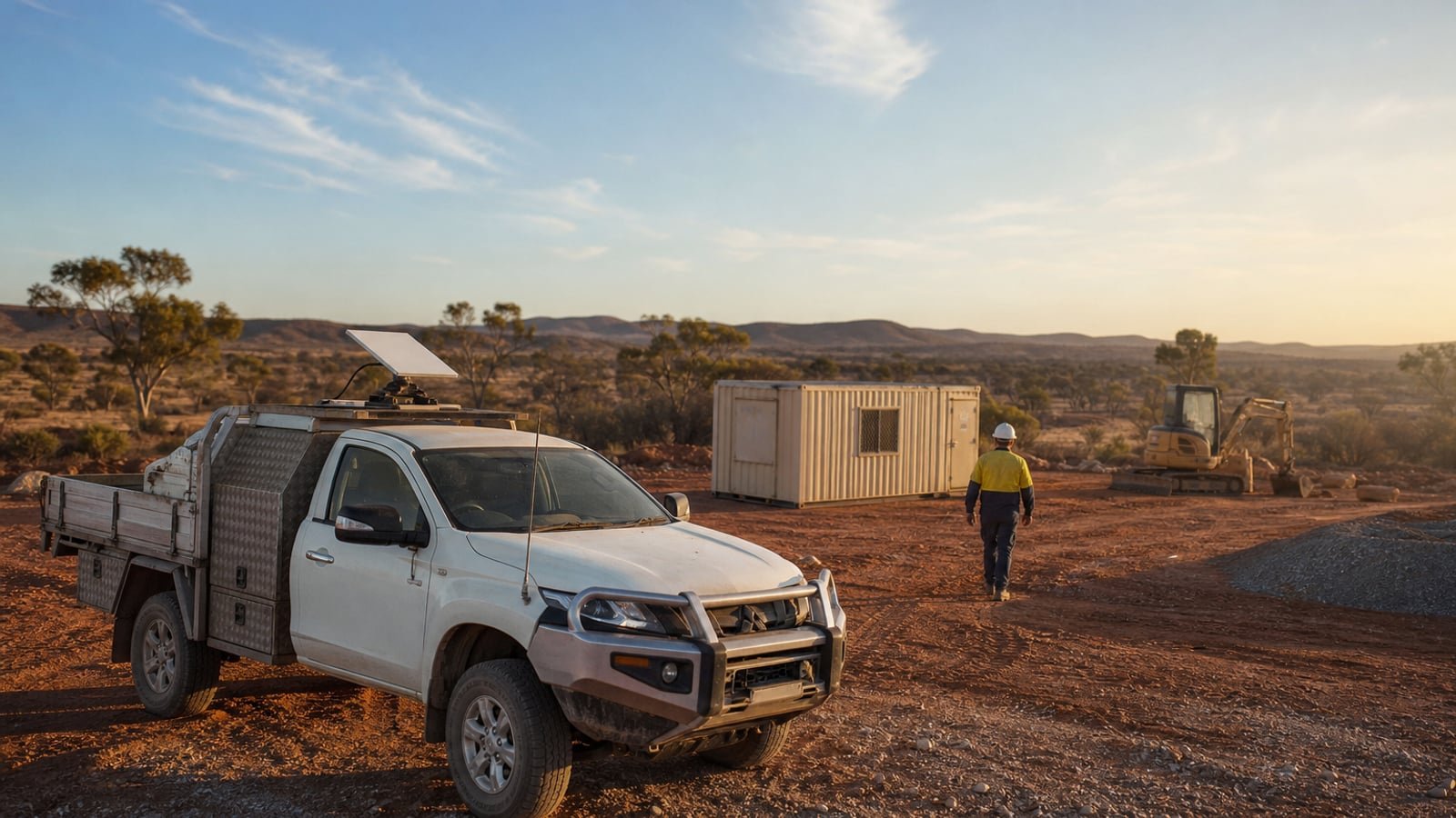 A remote Australian worksite at golden hour showing a demountable site office and a white ute with an open tray holding a compact satellite dish mounted on a low roof rack, red dirt and spinifex in the foreground.