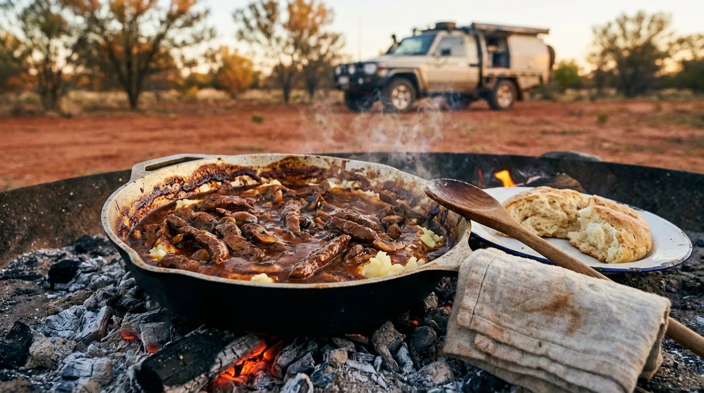 Cast-iron skillet of beef stroganoff with mushrooms over coals at an Australian bush camp, damper bread on an enamel plate beside the pan, 4WD canopy in the red dirt background at golden hour.